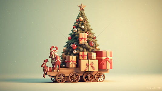 老人旅行背景图片_圣诞老人的雪橇装载着圣诞树和礼品盒的 3D 渲染