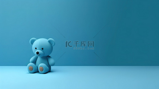 简约玩具商业概念蓝色玩具熊在抽象 3D 渲染的蓝色表面上休息