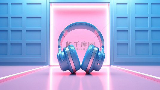 3D 渲染蓝色房间中充满活力的粉色耳机