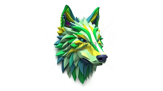 令人惊叹的绿狼头在彩色 3D 插图中隔离在白色背景