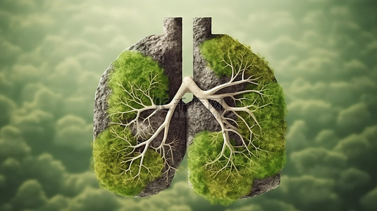 土地背景图片_绿草形成肺部的形状，而岩石地面纹理则创建 3D 插图