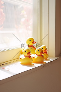小鸭子背景图片_三只小鸭子坐在窗边