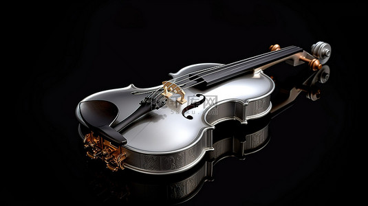 3d 渲染的黑色背景上带弓的银色小提琴