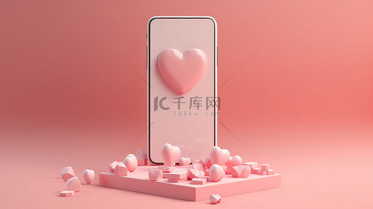 最强大脑图标背景图片_柔和的粉红色语音气泡框，周围有 3D 智能手机的爱情图标