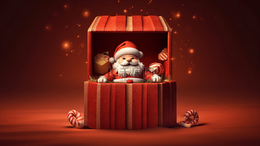 节日惊喜圣诞老人在包裹着的礼物中庆祝圣诞快乐 3D 视觉