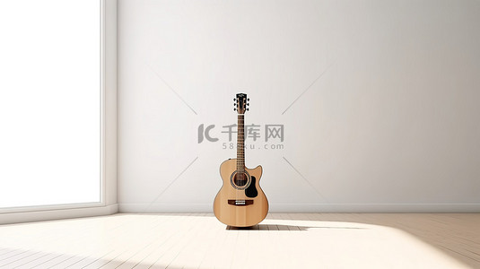音乐背景背景图片_空荡荡的白色房间里的架子上的原声吉他的 3D 渲染