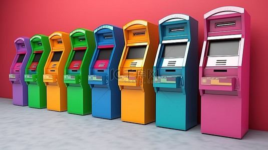 3D 渲染图像中一系列充满活力的 ATM 机