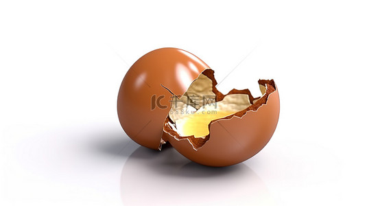 白色背景上损坏的棕色鸡蛋的 3D 渲染