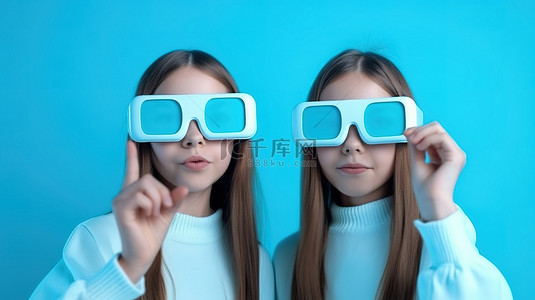 幸福的双胞胎兄弟姐妹戴着 3D 眼镜，在蓝色背景下全神贯注于智能手机
