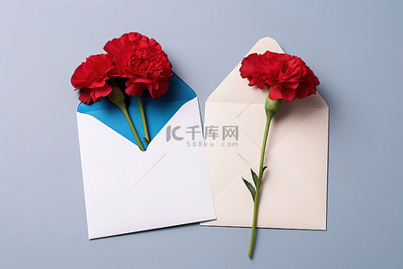 教师节背景图片_两个信封，中间有红色康乃馨和白色康乃馨
