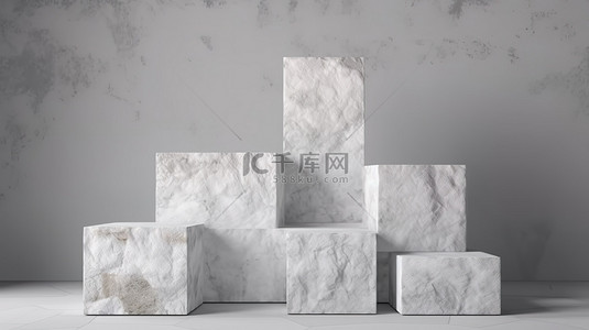 白色立方体背景图片_现代产品展示架位于最小的白色立方体讲台上，配有石工作室设置 3D 渲染