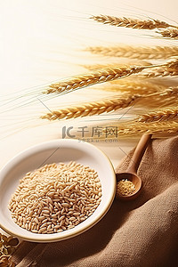 小麦背景图片_桌上的棕色小麦种子和糙米