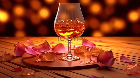 玻璃杯中的干邑白兰地和玫瑰花瓣精美地展示在发光木板 3D 渲染上
