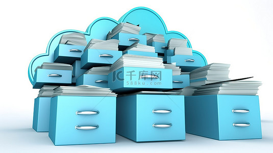云背景图片_云存储的 3D 渲染，备份文件和文件夹在白色上隔离