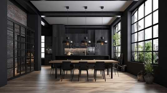 优雅的阁楼厨房和餐厅，采用 3D 渲染的光滑黑木