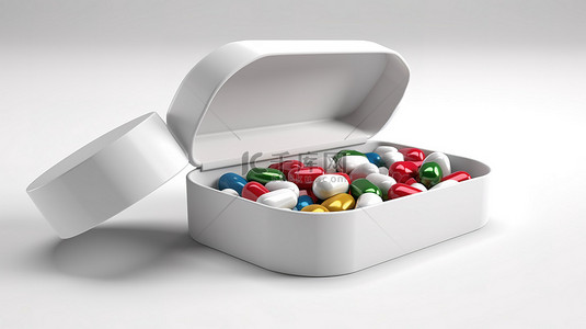 白色礼品盒的独立 3D 插图，打开时带有白色背景上的胶囊