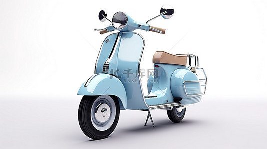 白色背景上的老式或电动蓝色摩托车的 3D 渲染