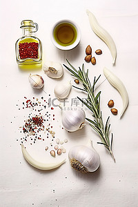 白色背景中的橄榄油大蒜盐迷迭香和罗勒