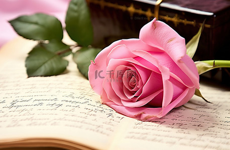 一封信图背景图片_一朵粉红玫瑰坐在一本空书上的一封信旁边