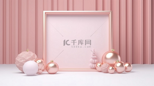 作文框背景图片_珍珠框 3D 讲台，柔和的粉色，配有玫瑰金圣诞球雪花和冬季装饰品