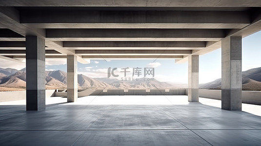 空置的混凝土停车场 3D 渲染现代建筑，映衬着雄伟的山脉和天空