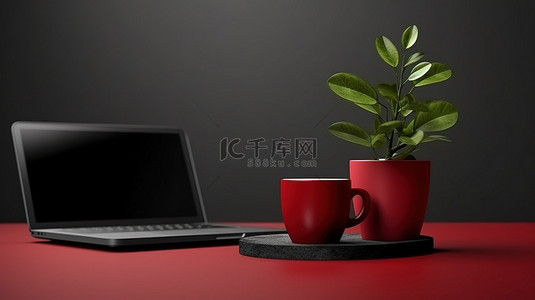 红本背景图片_带笔记本电脑红杯和娇小的植物的黑色办公桌的 3D 渲染