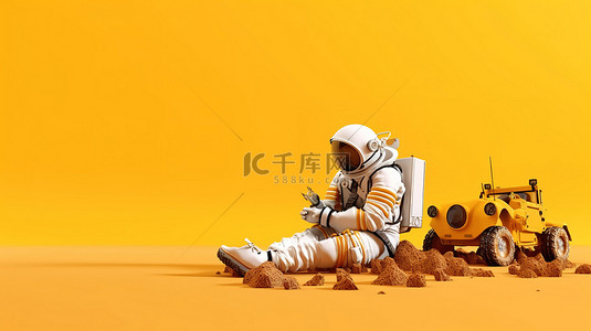 坐在地球上的太空探险家抓着一架微型飞机，背景是 3D 渲染的亮黄色背景