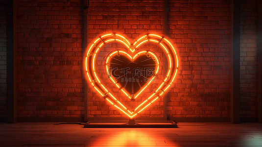 情人节快乐概念复古霓虹灯爱情标志在棕色墙上，3D 插图用于贺卡设计和横幅