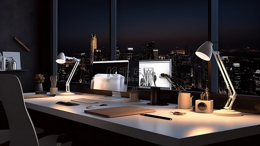 表格求职简历背景图片_现代办公工作室的夜间工作区 3D 渲染，黑色桌子上有白色桌面屏幕