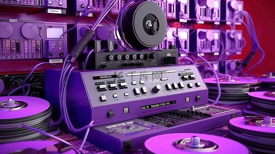 紫色主题 3D 渲染，配有录音机耳机和盒式磁带