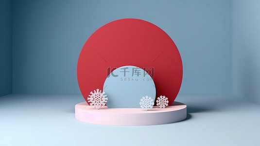 作文背景图片_节日 3D 讲台，带有抽象的红色和蓝色设计圣诞雪花和冬季模型，用于新年庆祝活动