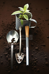 种植工具背景图片_在花园里种植土壤工具和水