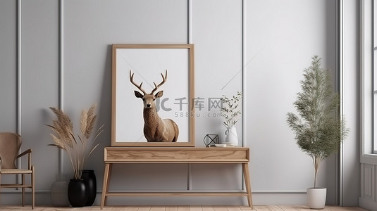 室内环境与 3d 渲染画框木鹿桌和盆栽植物模型