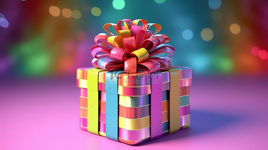 充满活力的生日礼盒，带有彩色包装，3D 渲染插图