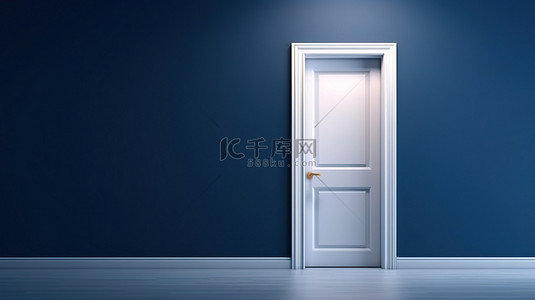 蓝白背景背景图片_深蓝色墙壁的空房间中白色门的 3D 渲染