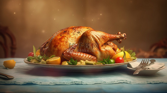 感恩节背景图片_感恩节横幅，盘子上有火鸡的 3D 插图