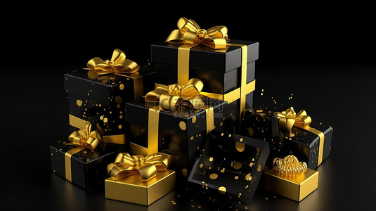 黄色生日背景图片_3D 渲染的黑色和黄色礼品盒，非常适合黑色星期五圣诞节新年和生日