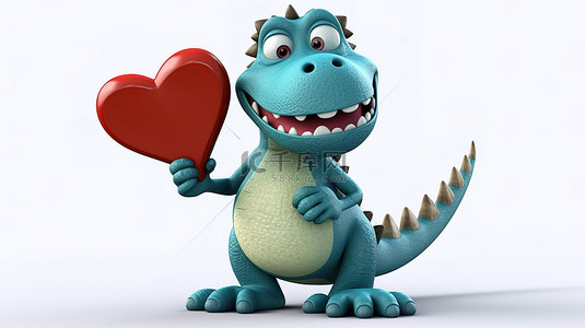 幽默的 3D 恐龙卡通显示一个标志和一颗心