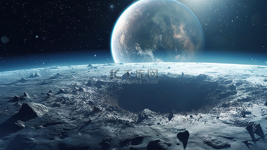 星空背景下月球陨石坑和蓝色地球的 3D 渲染