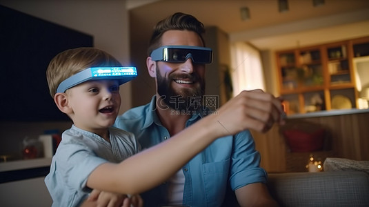 快乐的留着胡子的爸爸戴着 3D 眼镜并拿着遥控器与可爱的儿子一起享受电视时光