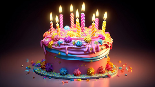 带蜡烛的装饰生日蛋糕的 3D 渲染
