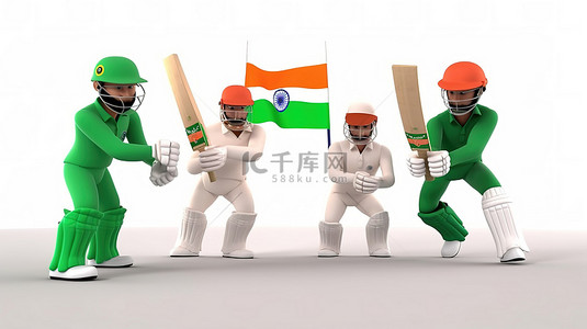 球员背景图片_印度和巴基斯坦板球队与 3D 球员人物和比赛装备进行比赛