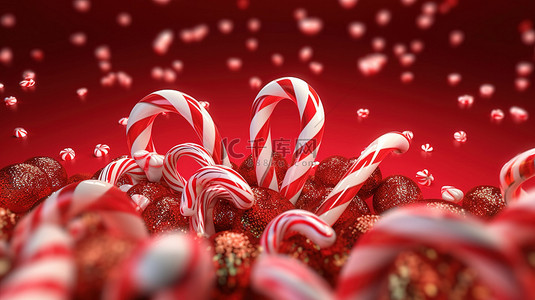 过年活动背景图片_红色圣诞背景与 3D 渲染薄荷棒棒糖完美适合圣诞节和新年的庆祝活动