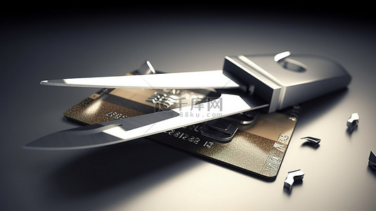剪刀切割银行卡 3D 渲染描绘破碎的钱银行图标