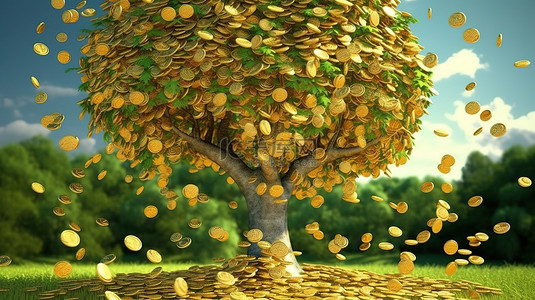 用于商业和生态的树和金币的可持续财富 3D 渲染