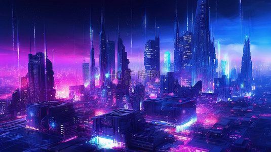 未来的夜间大都市被赛博朋克 3D 艺术渲染的紫色和蓝色霓虹灯照亮