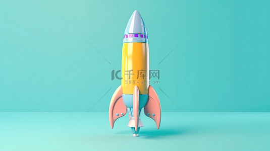 太空的简约背景图片_柔和的彩色简约火箭卡通片以亮蓝色背景 3D 渲染为背景