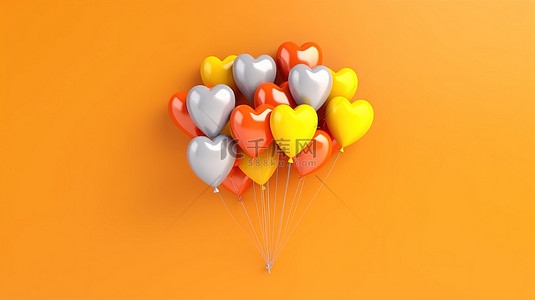 充满活力的心形气球簇拥在橙色墙壁水平横幅 3D 渲染插图上