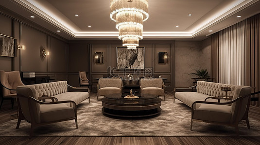 酒店房间背景图片_现代奢华酒店内令人惊叹的休息区，配有豪华家具和 3D 渲染