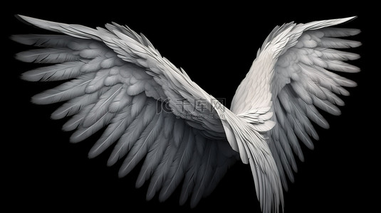 天使翅膀纯白色羽毛的 3D 渲染，在黑色背景下设置，带有剪切路径